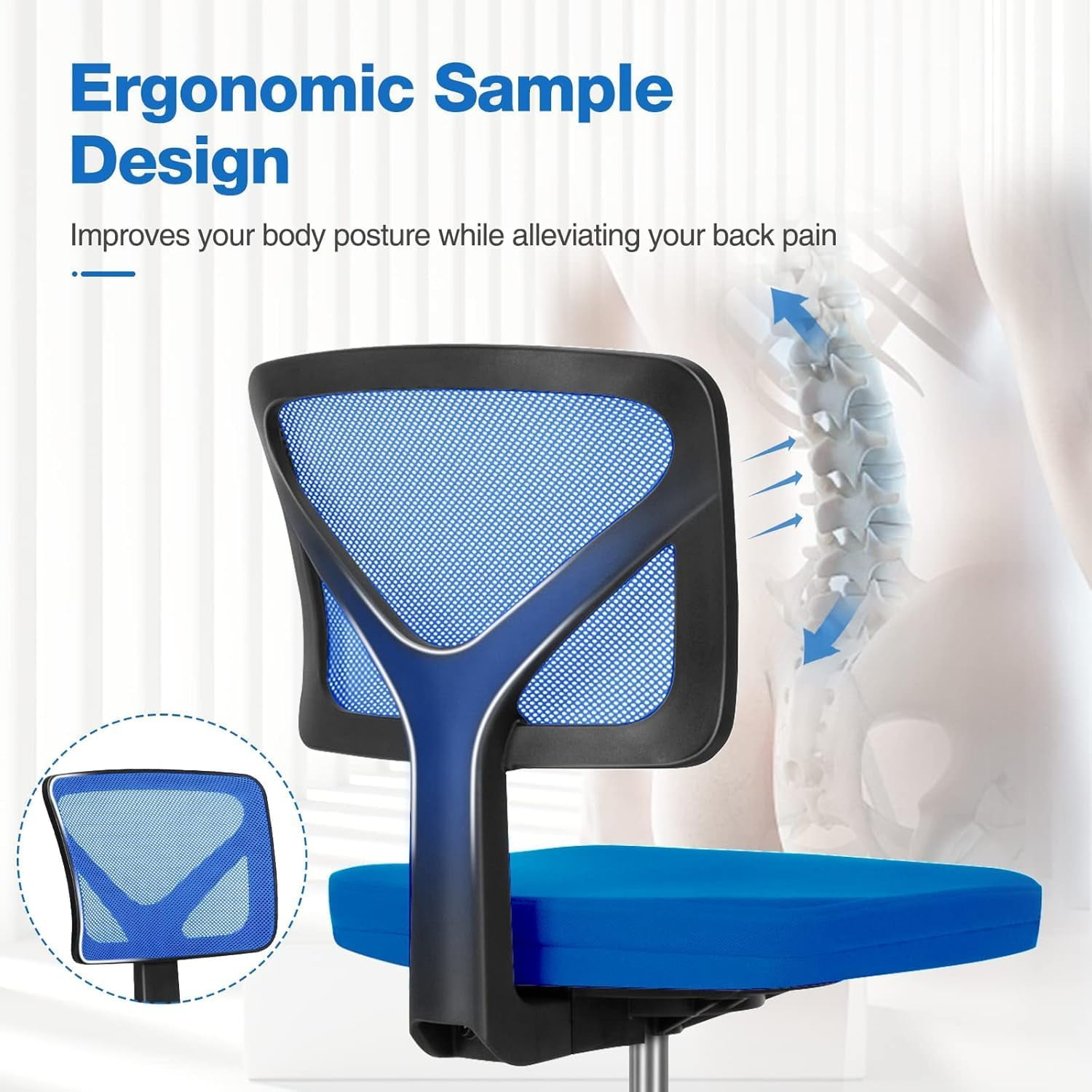 Basics Rolling Desk Chair, Adjustable, Low Back, Padded Seat, Breathable Mesh, Swivel, Blue