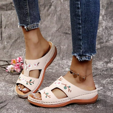 

Leather Embroidered Flower Womens Sandals Orthopedic Posture Correction Shoes