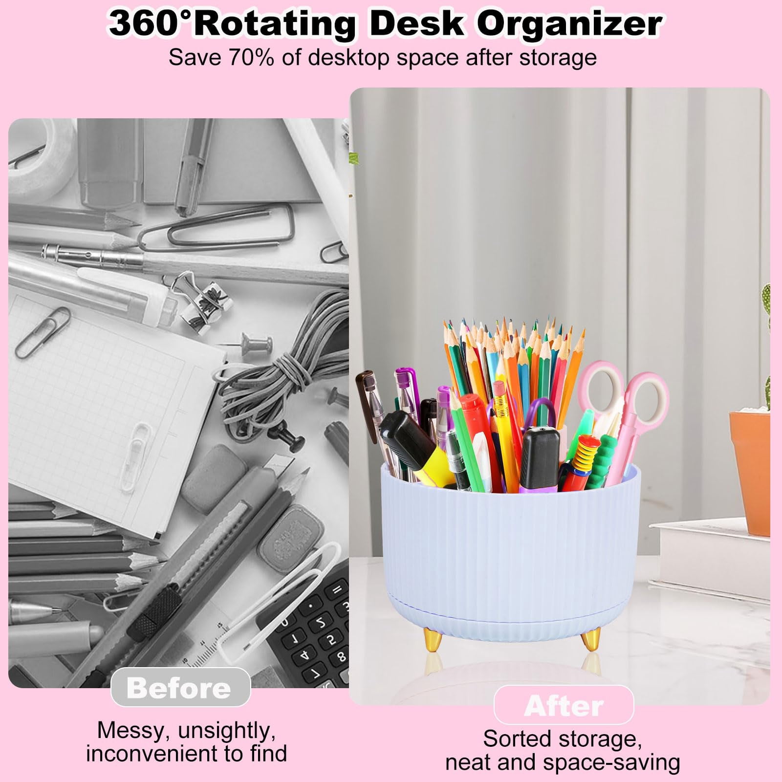 Blue Desk Organizers And Accessories Set With 360-degree Rotating Pen Holder  Tape Dispenser Stapler Staple Remover 1000 Staples Clips Ruler Scissor
