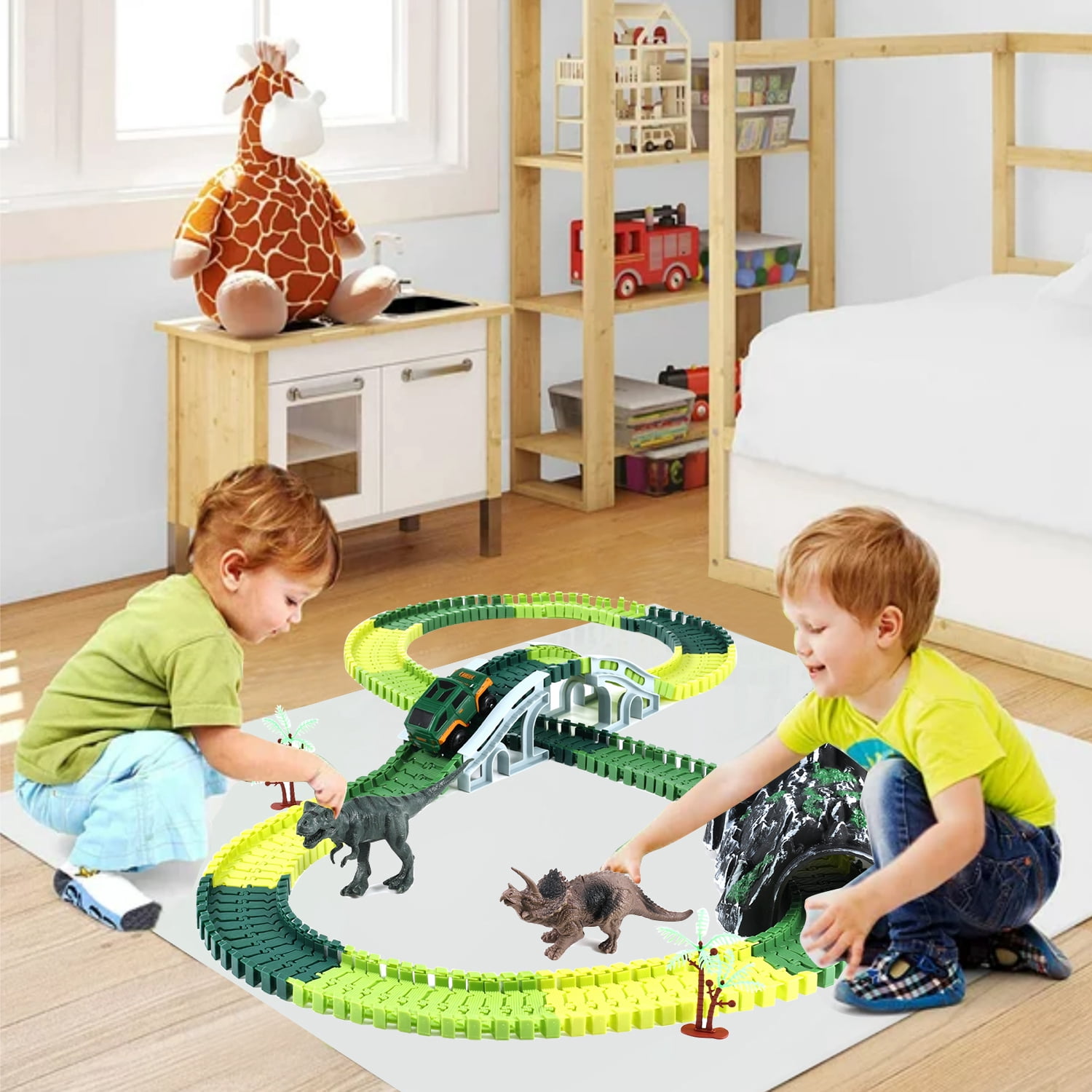 Anpro Dinosaur Toys Race Car Track Set for Kids, 250pcs Race Car Track Set Vehicle Playsets Dinosaur World Road Toys Flexible Track Playset for Boys Age 3+ Best Gift