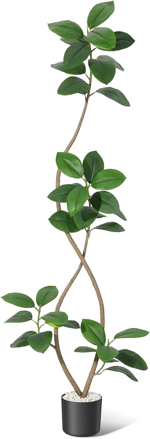 7FT Artificial Plants Rubber Tree with Black Resin Pot& White Stone Faux Tree Indoor Artificial Trees Tall Plant Fake Tree Tropical Large Floor Tree Real Touch for Home Decoration