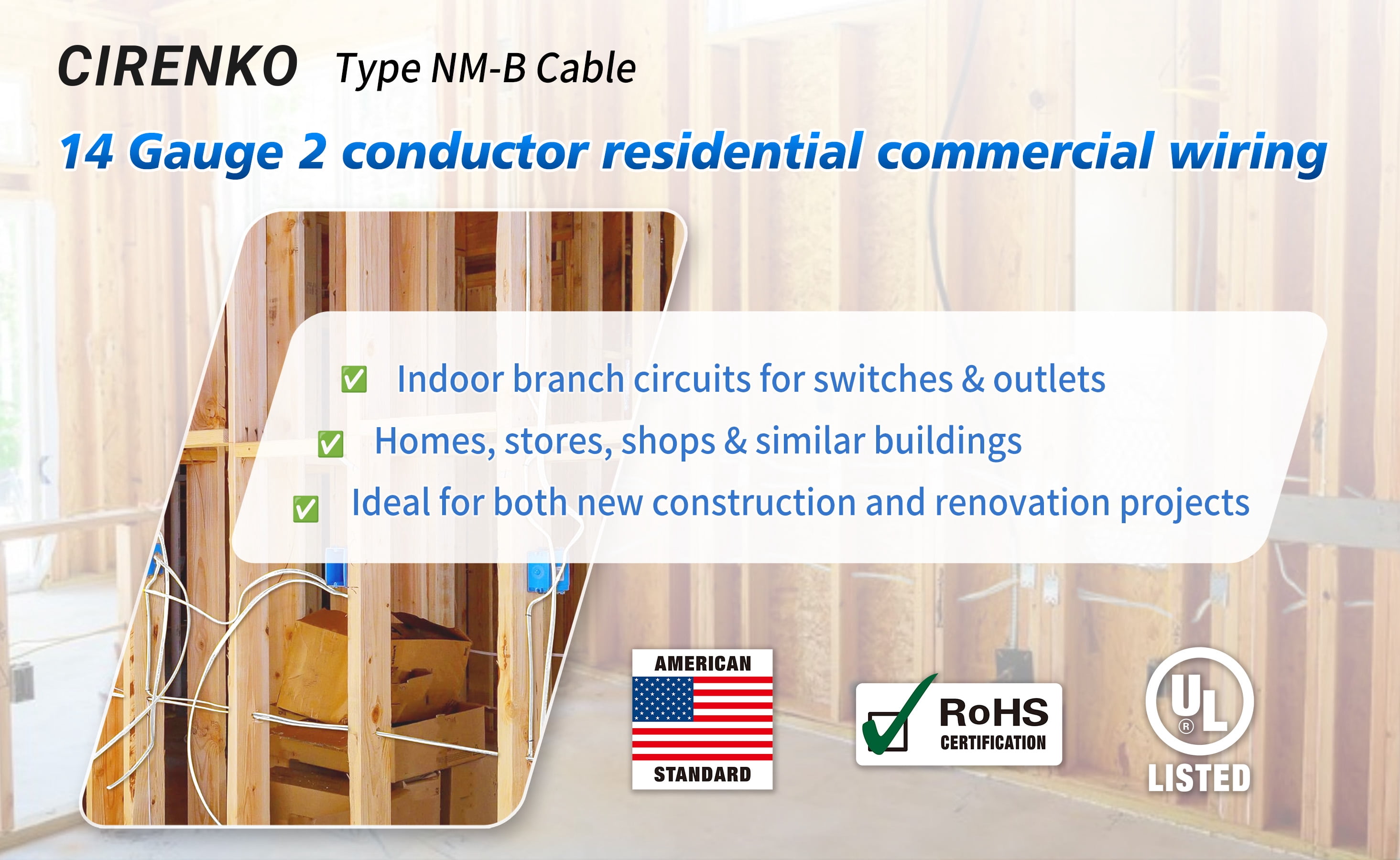 14/2 NM-B Cable 100 FT – UL Listed Residential Indoor Electrical Wire with Ground, Solid Bare Copper, 600V