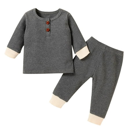 

StylesILove Baby Boys Girls Solid Long Sleeve Henley Top & Pants 2pcs Set Unisex Toddler Ribbed Cotton Outfit (Grey 12 Months)