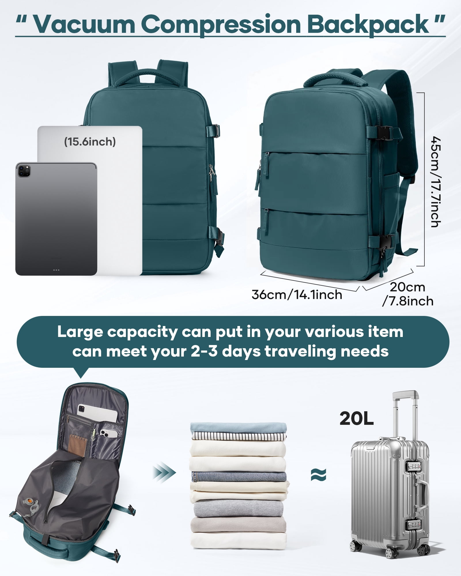 Vacuum Backpack for Travel, Vacuum Seal Carry on Backpack with Vacuum Compression, Vacuum Travel Backpack with Pump for Women Men Airline Approved Air Backpack Vacpack for Work College Daypack Blue