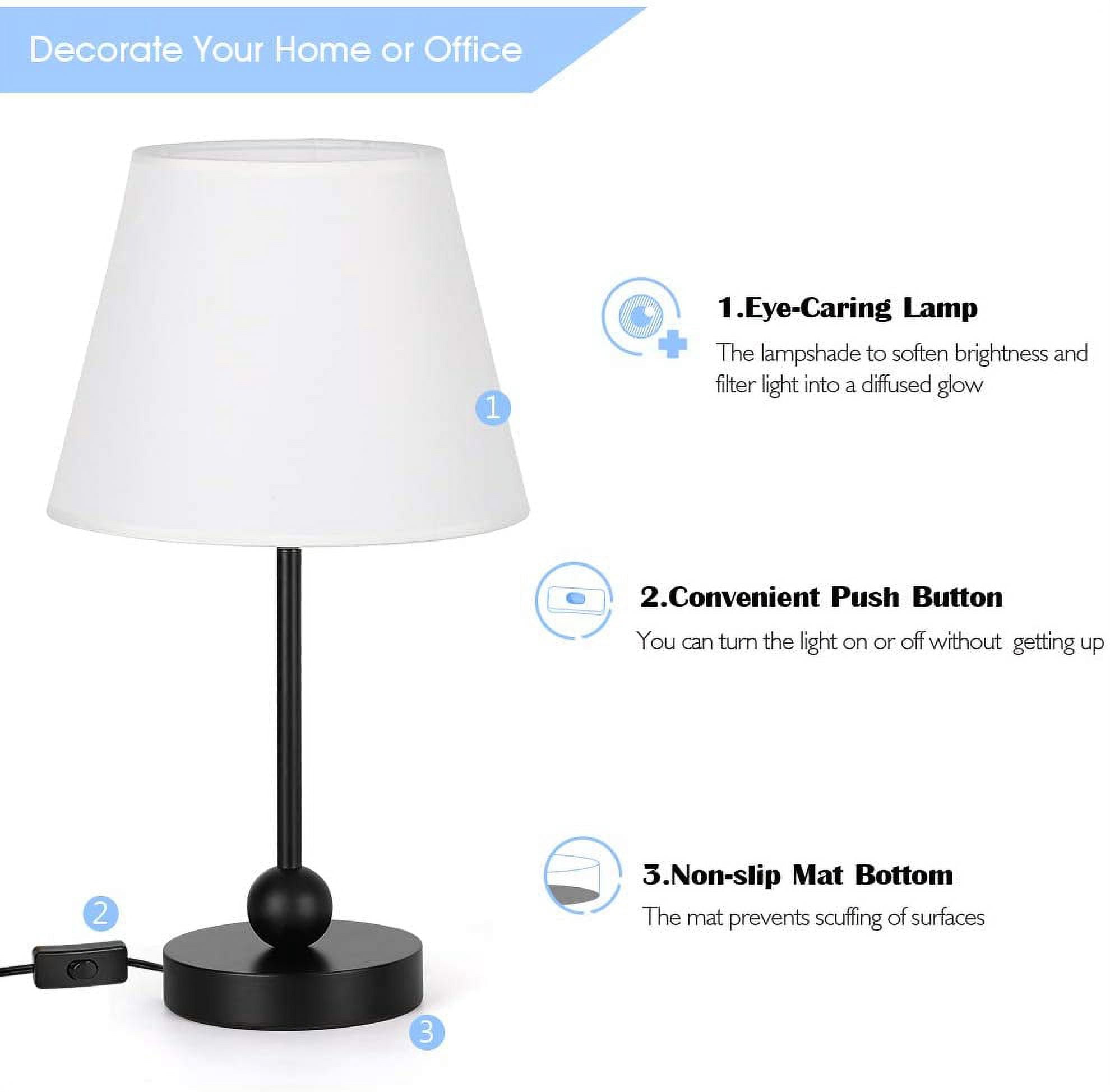 Simple Nightstand Desk Lamp with White Fabric Shade and Black MDF Base Set of 2