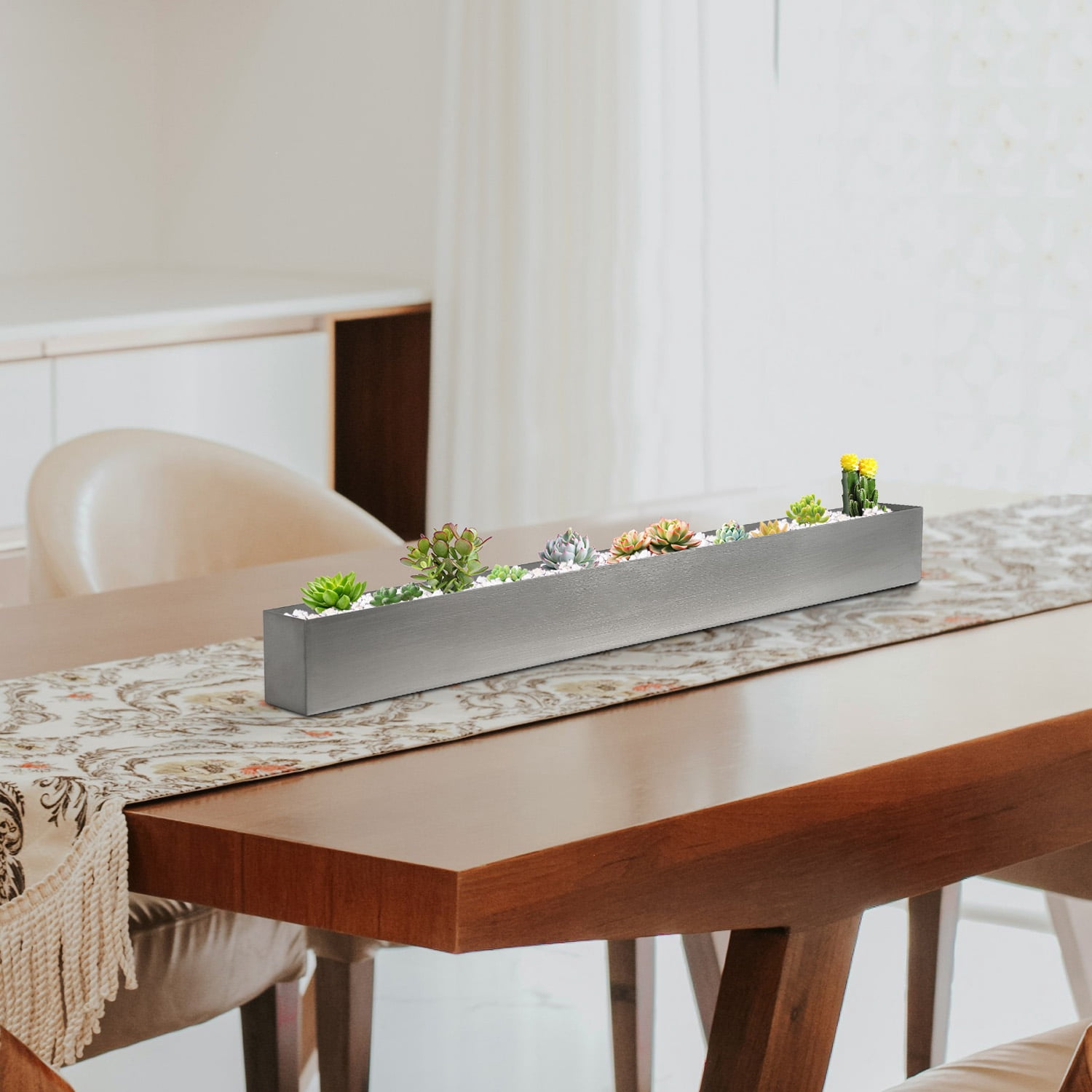 3.5"x3.25"x32" Planter Box with 4 Rubber Mats Trough Planter Pots Succulent Planters Window Sill Table Stainless Steel Rectangle Long Durable for Small Herb with Drainage Hole Indoor Outdoor, Silver