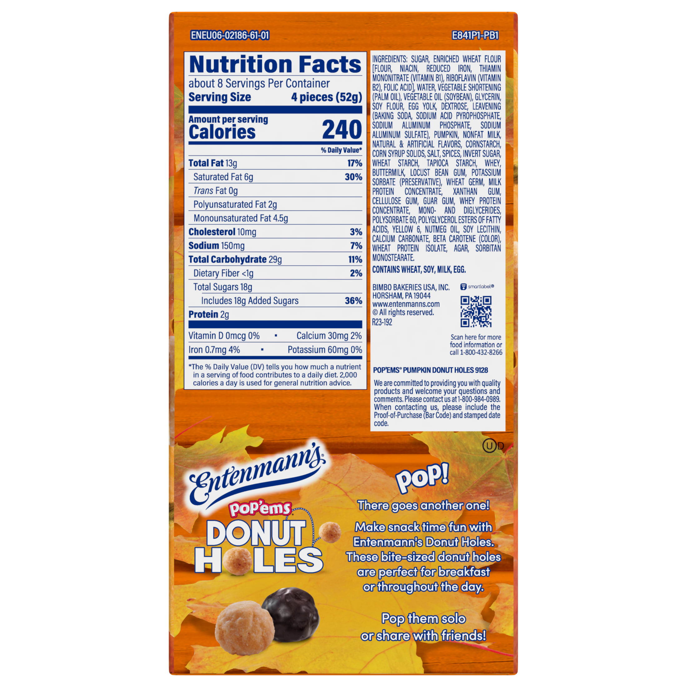 Entenmann's Pop'ems Pumpkin Donut Holes, 15 oz, Donuts, Box