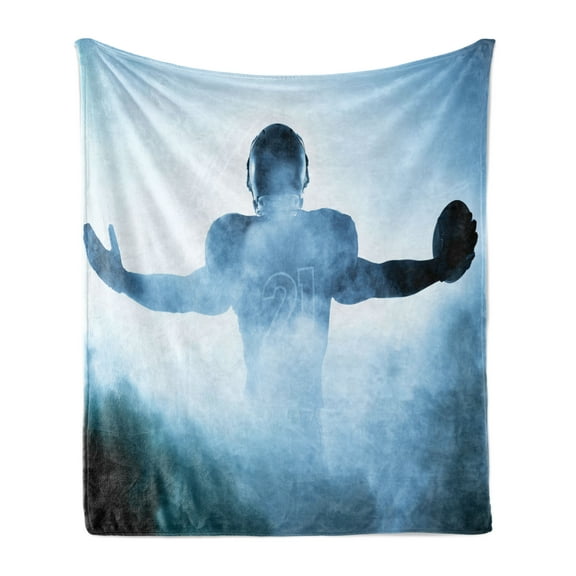 Sport Soft Flannel Fleece Blanket, Heroic Shaped Rugby Player Silhouette Shadow Standing in Fog Playground Global Sports Photo, Cozy Plush for Indoor and Outdoor Use, 50" x 60", Blue, by Ambesonne