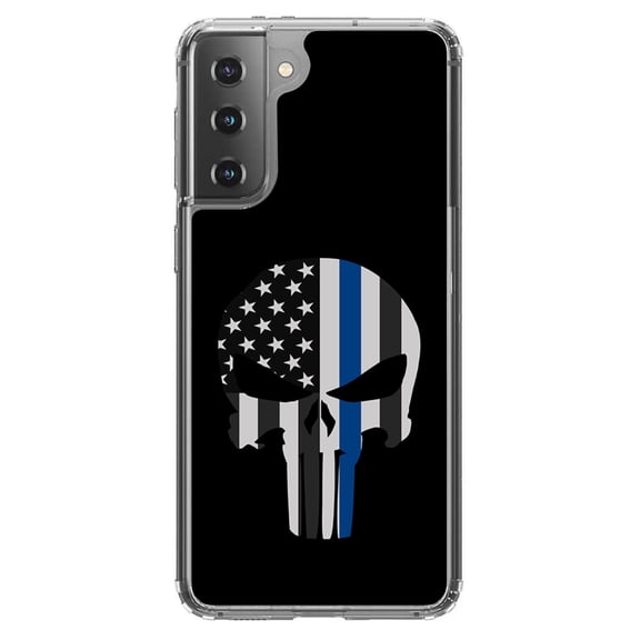 DistinctInk Clear Shockproof Hybrid Case for Galaxy S21 5G (6.2" Screen) - TPU Bumper, Acrylic Back, Tempered Glass Screen Protector - Thin Blue Line Skull - Support for First Responders