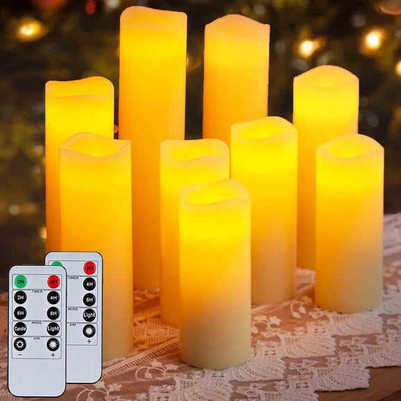 HIDAWN Flameless Pillar Candles with Remote,9 Pack Waterproof Outdoor Large LED Fake Candles Battery Operated Electric Votive Flicker Lights,Ivory