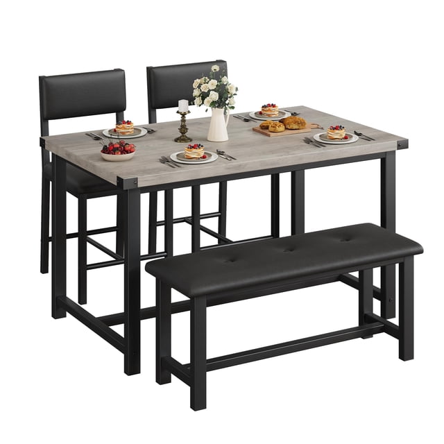 Bingirl 44.5 Inch Gray Wooden Dining and Kitchen Table Set for 4 with 2 Upholstered Chairs and Bench for Small Space Apartment Home Kitchen