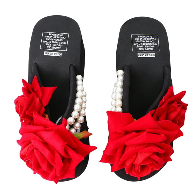 Chanclas planas con flores a la moda, sandalias de playa de verano, elegantes y delicadas para mujer y niña (negro, 41 yardas, EU40, US8.5, UK6)
