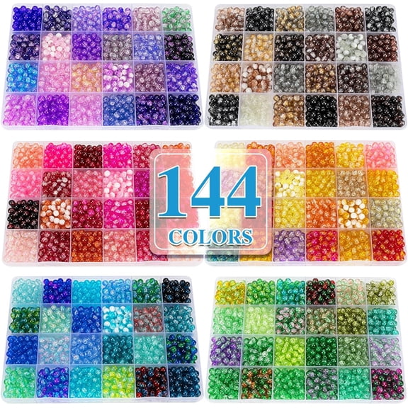 About 7200pcs 144 Colors 6mm Crackle Glass Beads Bracelet Making Kit 6Box Different Style Crack Series Colorful Crystal Beads for Bracelet Jewelry Making DIY Crafts Friendship Bracelets