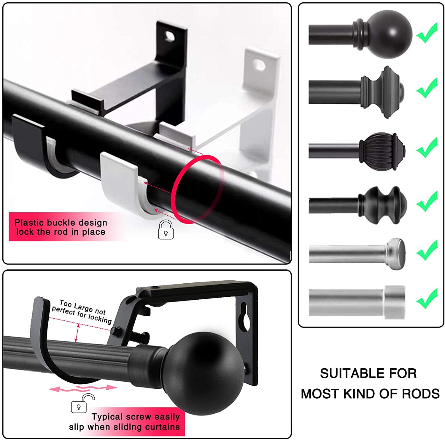 2 Supports De Tringle à Rideaux Auto-adhésifs - Sans Perçage - Porte Jusqu'à 13 Kg - Pour Salle De Bain, Verre, Carrelage - 2