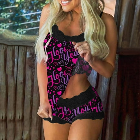 

MIARHB Women Print Pajamas Sleeveless Lace Cami Shorts Lingerie Sleepwear Set