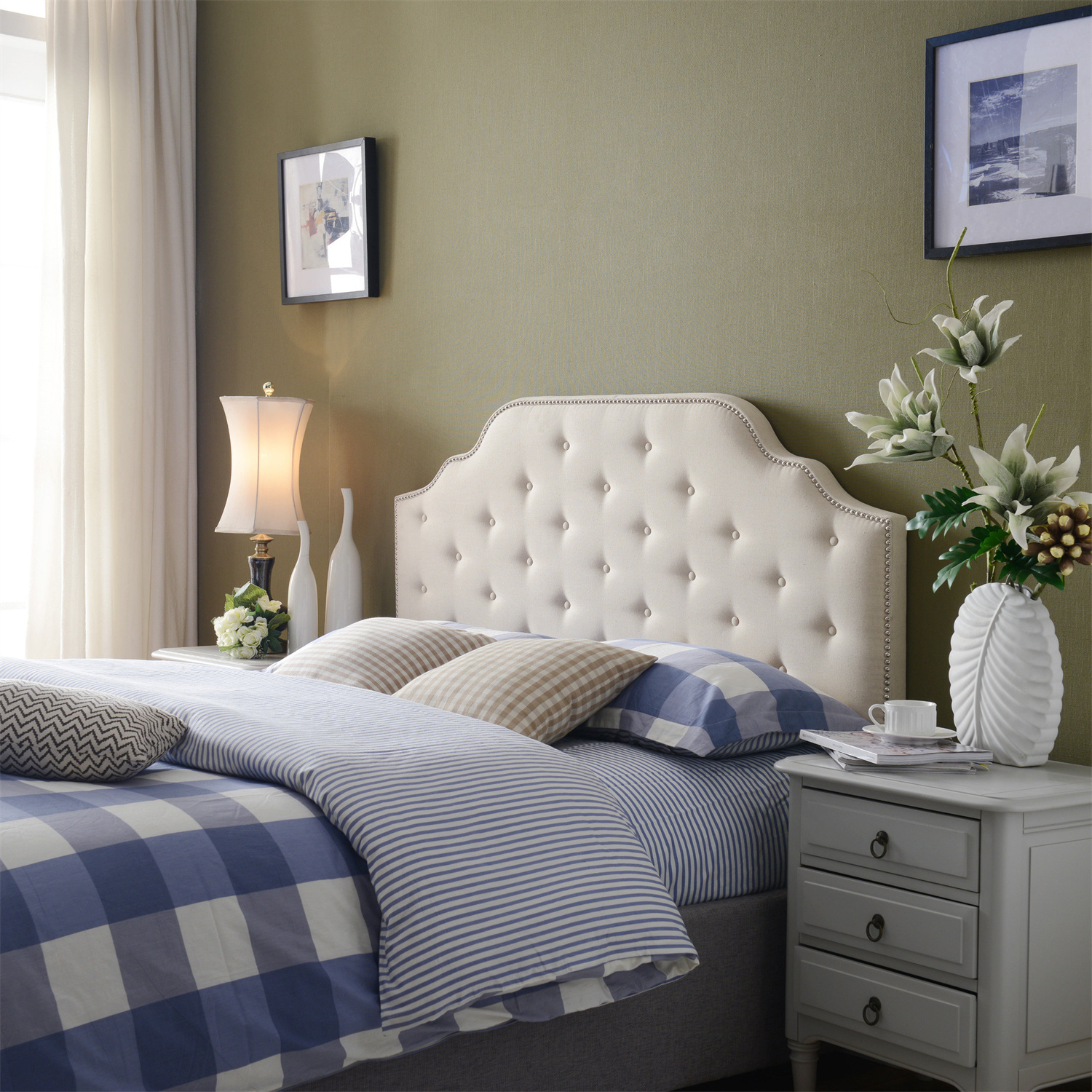 Kepooman Upholstered Headboard, Button Tufted Upholstery, Queen & Full Size, Beige Kepooman Upholstered Headboard, Button Tufted Upholstery, Queen & Full Size, Beige
