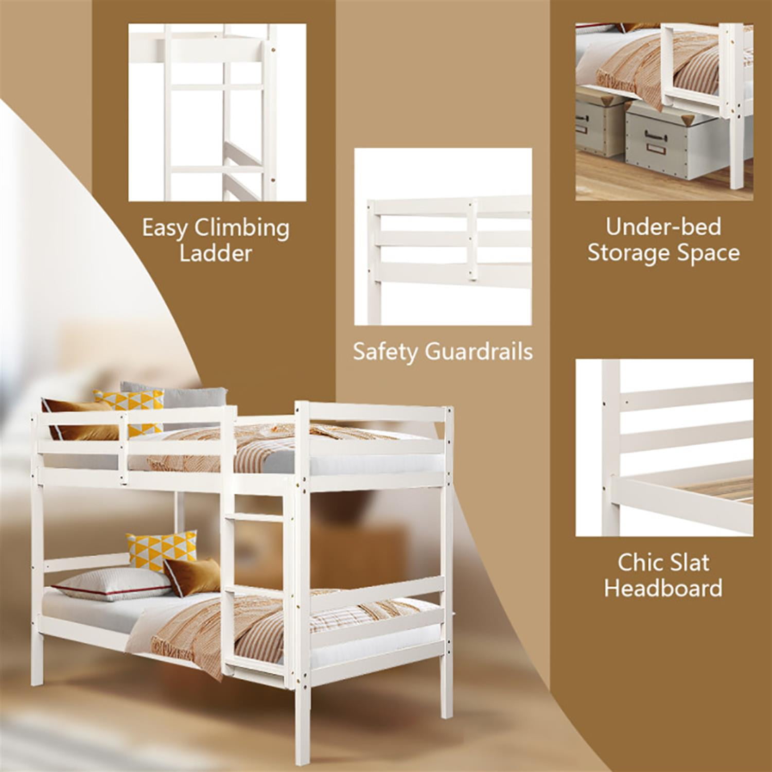 Demi Bonn Twin Size Over Wood Bunk Bed with Ladder and Safety Rail, Twin Sturdy Bunk Beds, White