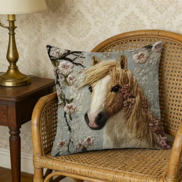 Funda de almohada de felpa con estampado de caballo | Funda de cojín cuadrada de 45 x 45 cm con decoración bordada para sofá, dormitorio y sala de estar.