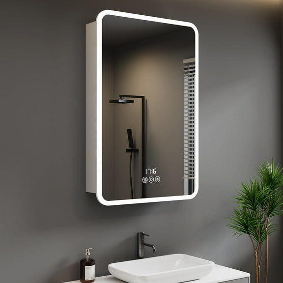 Lxmons Medicine Cabinet with LED Lights and Mirror, 20 x 28 Inch Surface or Recessed Mounted Bathroom Cabinet, 3-Color Light, Clock&Temp, Defogger, Memory Function, Outlet & USB, Dimmer, Black