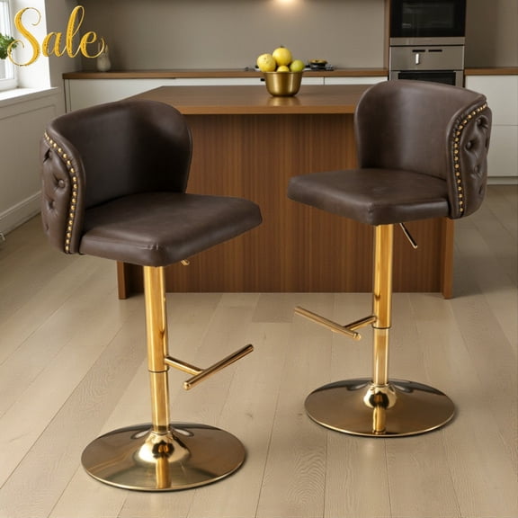 Tcbosik Button-Tufted PU Leather Upholstered Swivel Bar Stools with Adjustable Height & Gold Base – Set of 2, Ergonomic Counter & Bar Chairs for Kitchen, Home Pub, Cafes (Brown)