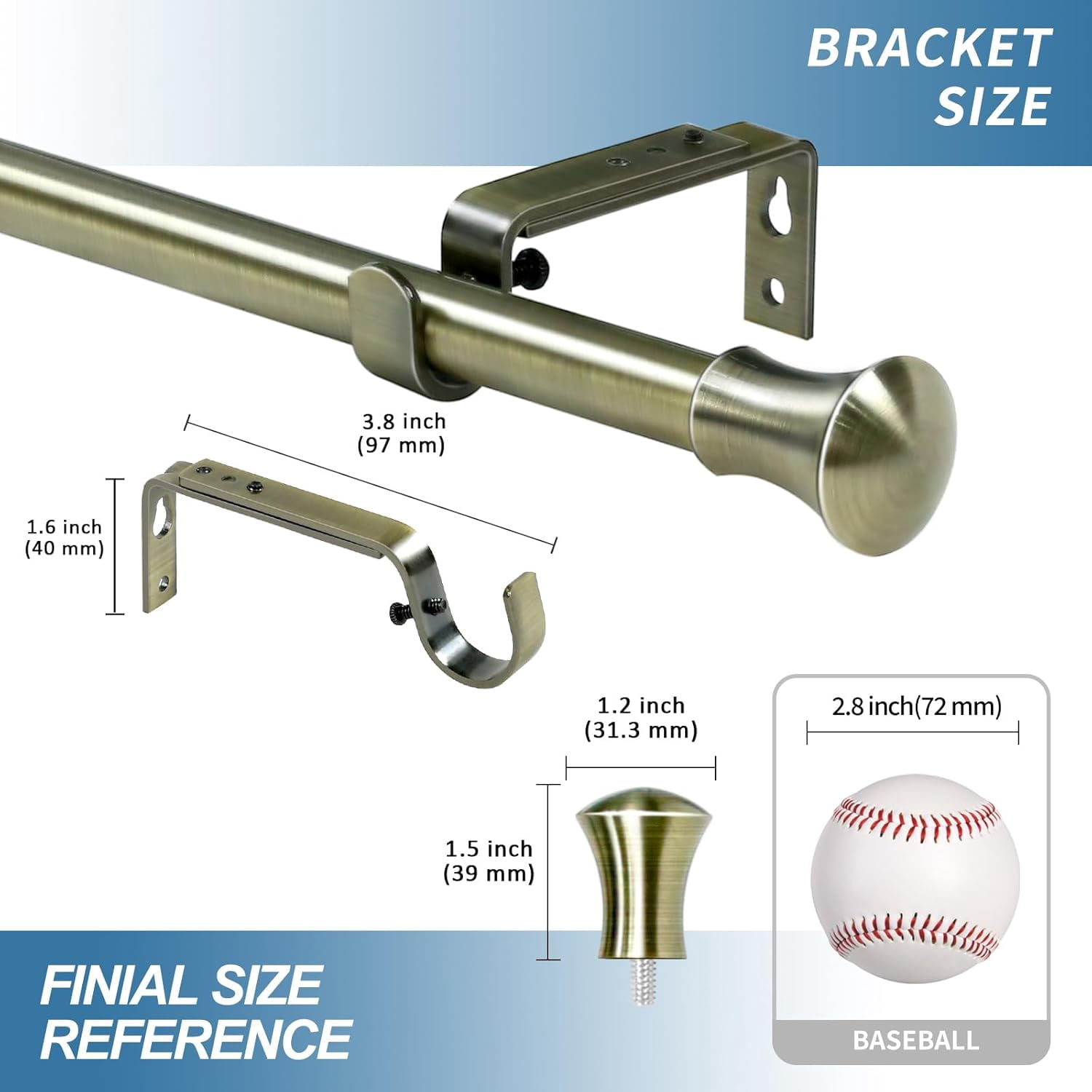 Urbanest Adjustable Single Curtain Rod Set Buckingham Finials – 5/8-Inch Diameter, With Antique Brass Rod, 28–48 Inches