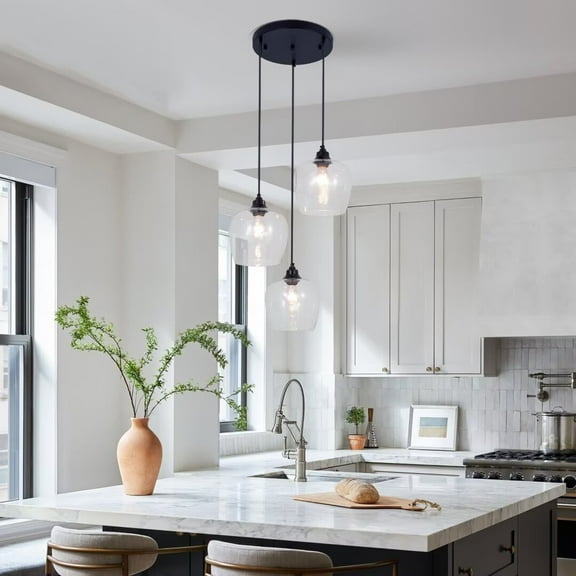 FINE MAKER Modern glass chandelier, 3 light black chandelier with adjustable height