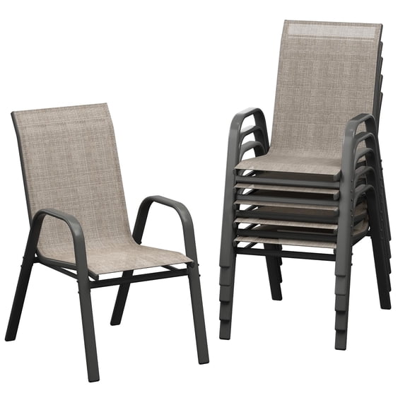 Patio Dining Chairs – Stackable Set of 6 – All-Weather Textilene – Armrests, Lightweight, High Back – Deck, Garden, Poolside & Balcony – Black-Gray Frame + Brown Textilene