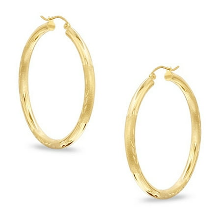 - 10k Yellow Gold Diamond Cut Design Round Shape Hoop Earrings, Diameter 15mm