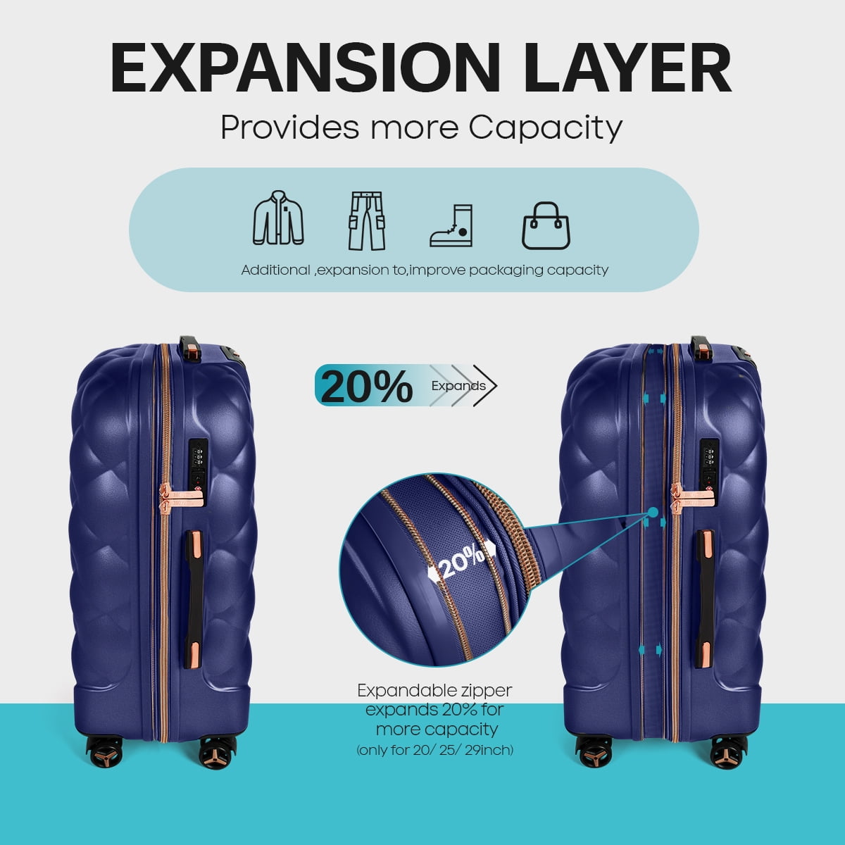 4-Piece Hardside Luggage Set, Lightweight Spinner Suitcases with TSA Lock, Expandable, Navy, 14"/20"/25"/29", WD8810