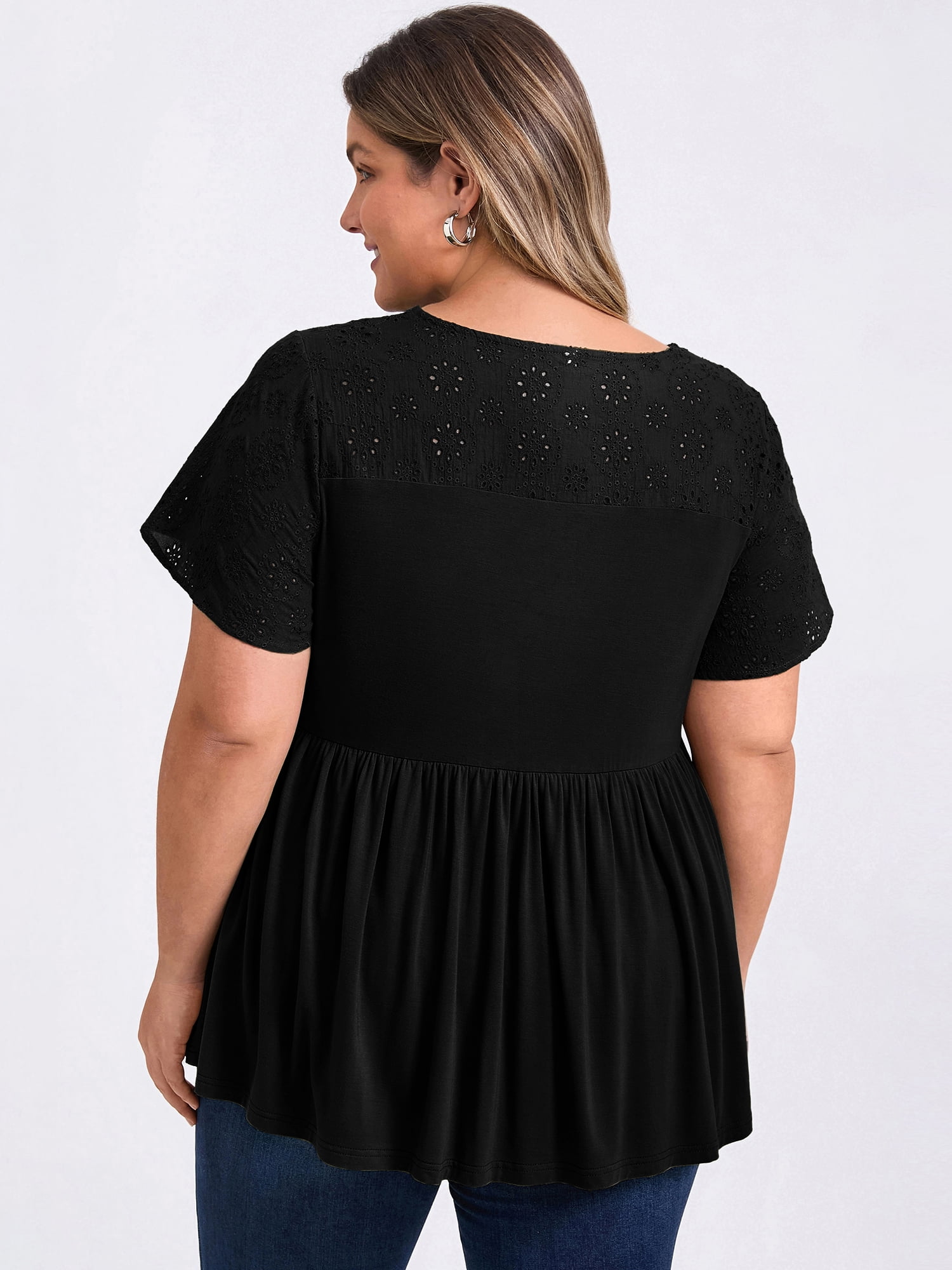 DARING DIVA Women's Plus Eyelet Embroidery Blouse with Ruffle Hem 1X Black
