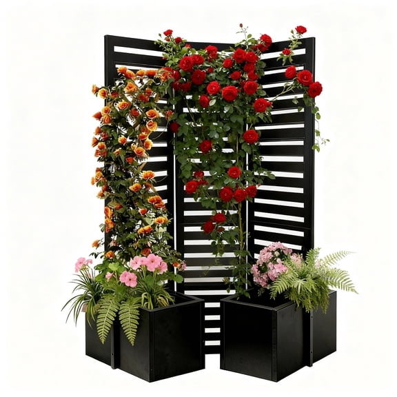 Riedhoff Metal Planter Box with Privacy Screen, 3 Panel Divider, 52.3 x 27.5 x 70.8", Black