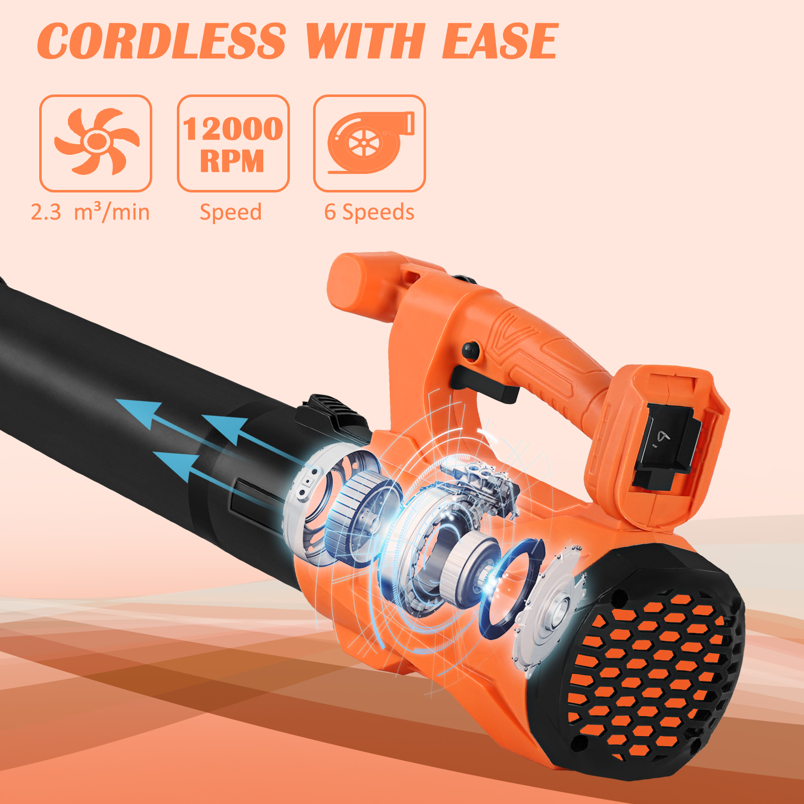 24V Cordless Leaf Blower, 540 CFM Electric Leaf Blower for Lawn Care, 12000rpm and 6 Speeds with Battery, Fast Charger, Orange