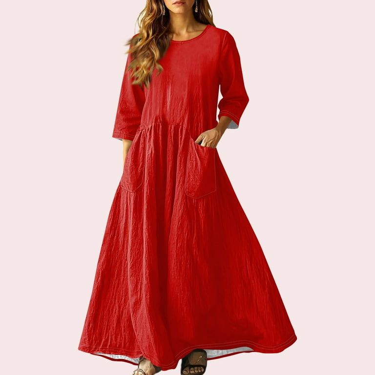 Women Solid Color Dresses 2025 Summer Autumn Casual 3/4 Sleeve Linen Round  Neck Maxi Loose Fit Temperament Long Dress With Pockets - Walmart.com