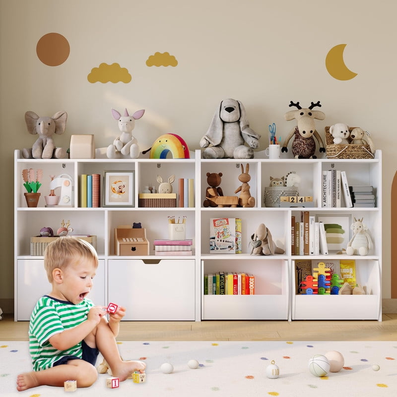 TROPOW Toy Storage Organizer with Movable Drawers, Kids Bookshelf with Hidden Wheels & Open Cubbies, Multifunctional Floor Storage Chest for Playroom