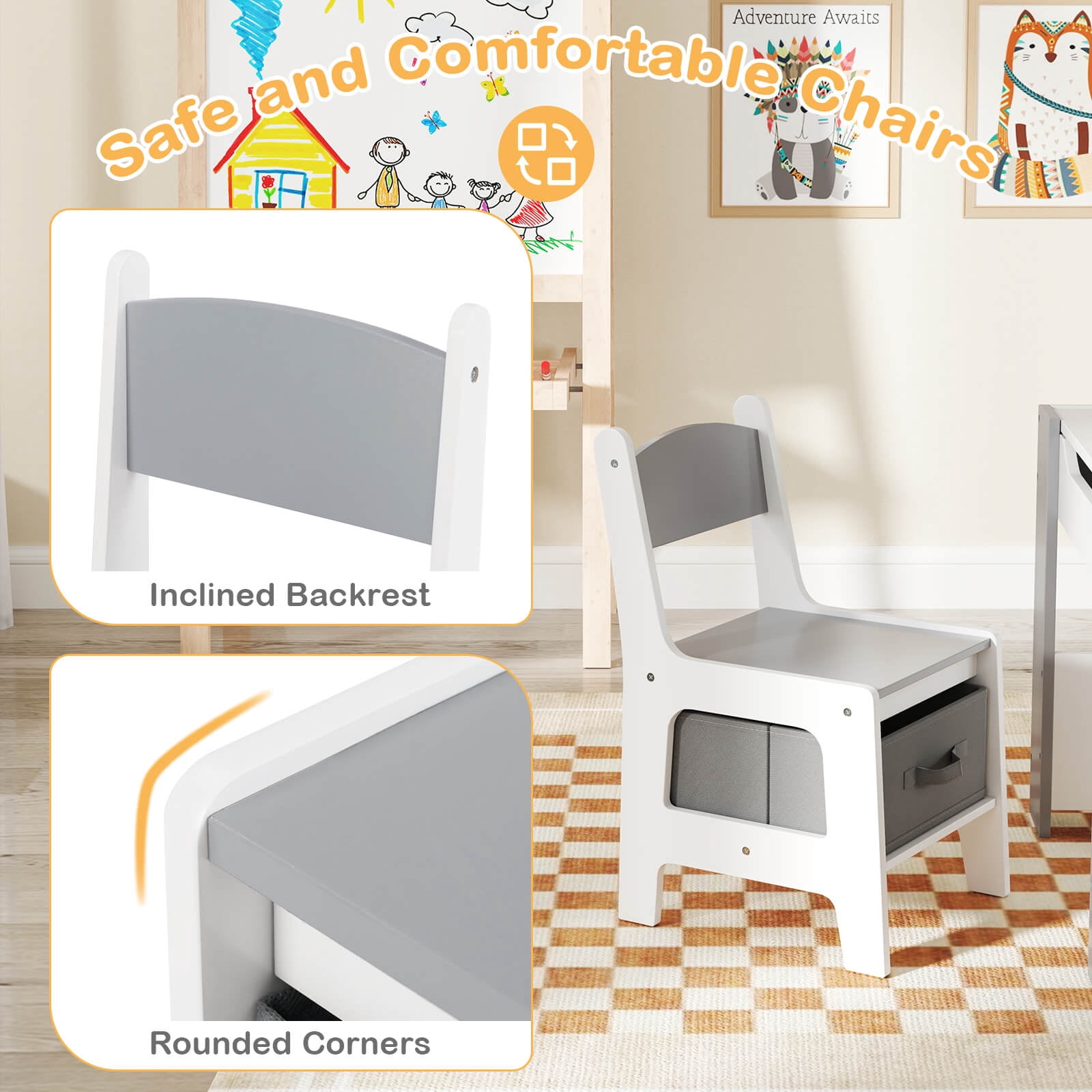 Infans 4-in-1 Kids Table & Chair Set Toddler Wooden Activity Table w/ Side Bookshelves