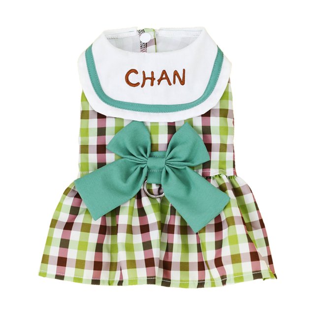 CSChome Dog Dress Button Closure Plaid Print Letter Embroidered Bowknot Design Thin Puppy Princess Pet Costume