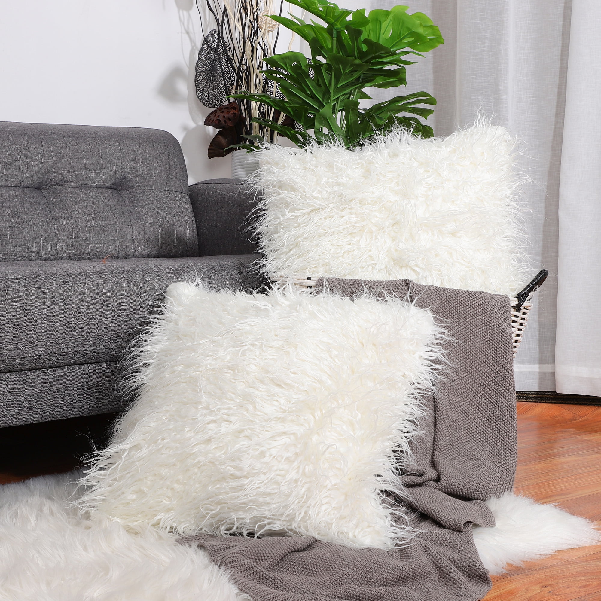 Pack of 2,Shaggy Faux Fur Throw Pillow Cover,Soft Plush Square Cushion