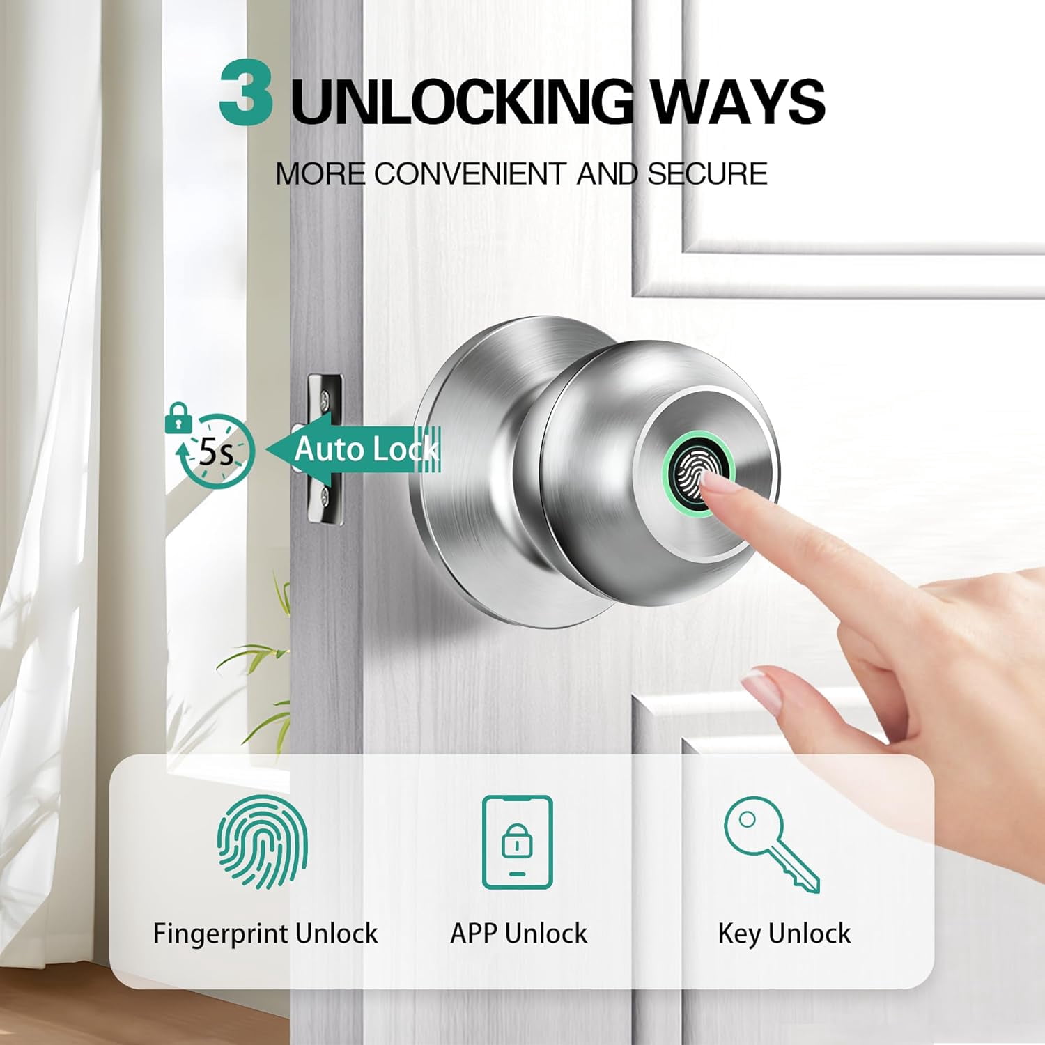 Fingerprint Door Lock, Smart Door Knob with App Control, Auto-Lock, Easy Installation, Great for Bedrooms, Cloakroom, Apartments, Offices (Silver)