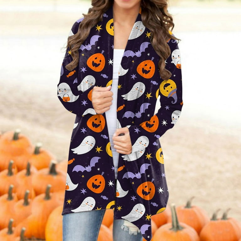 GEZHEN Women s Printed Cardigan Jacket Pumpkin Cat Print Long Sleeve Open Front Plus Size Sweater Coat Top Lightweight Outdoor Thicken Coat Winter Coats for Women Walmart
