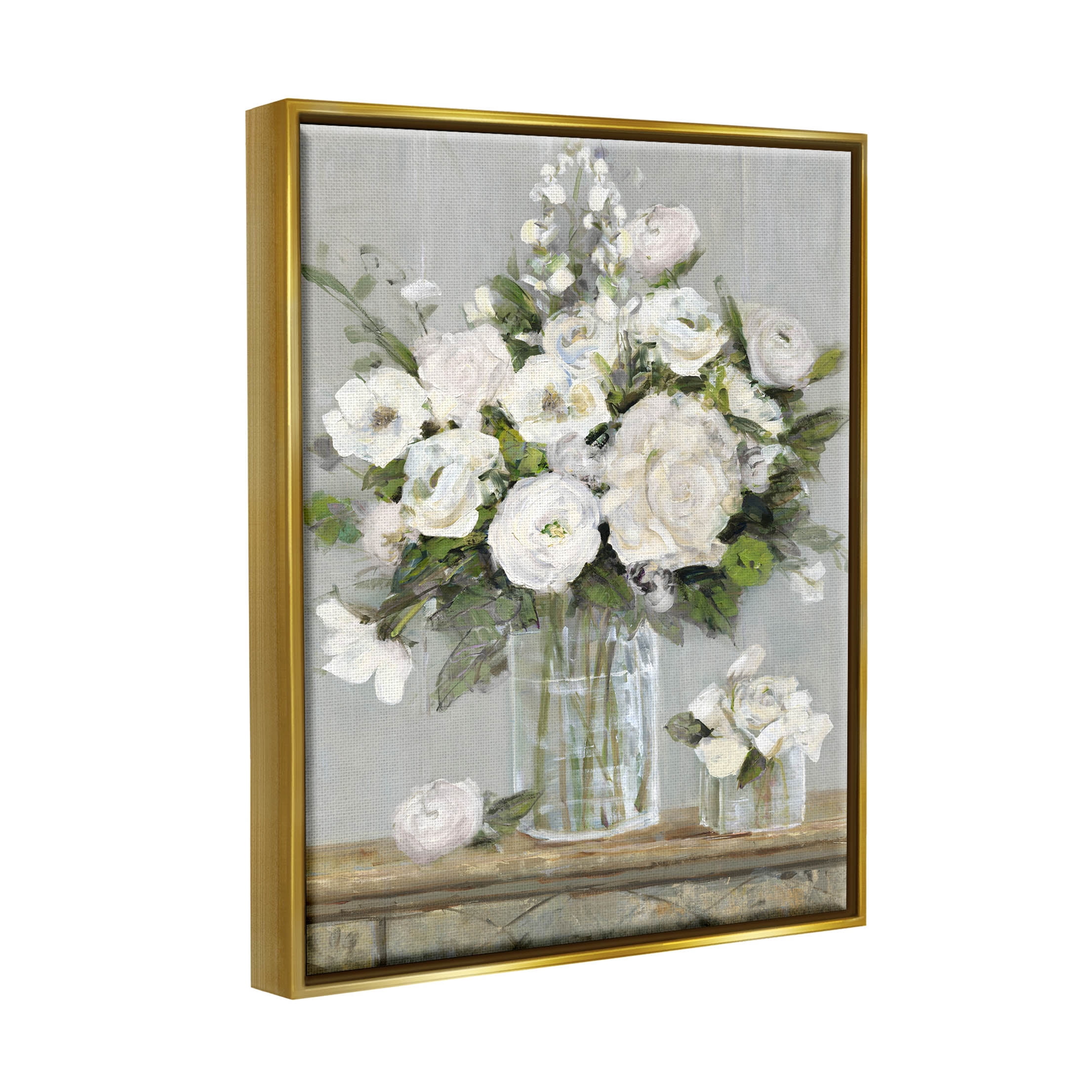 Stupell Industries Country White Floral Scene Painting Metallic Gold Floating Framed Canvas Print Wall Art, Design by Sally Swatland