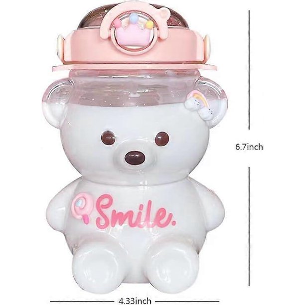 Kawaii Bear Water Bottle With Straw, 34oz Cute Water Bottle with 3D Kawaii Stickers and Shoulder Straps No Leak Large Cute Kids Water Bottles