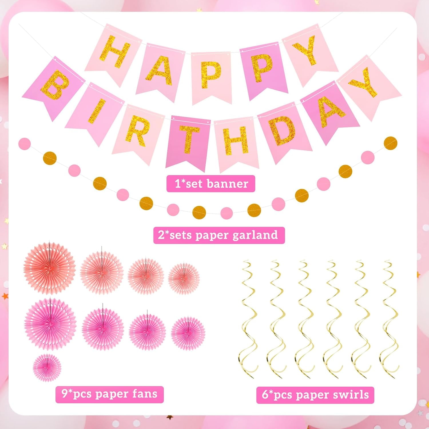 Geburtstagsdeko-Set In Blush Pink & Rose Gold – Inkl. Banner, Girlanden, Ballons & Cake Topper