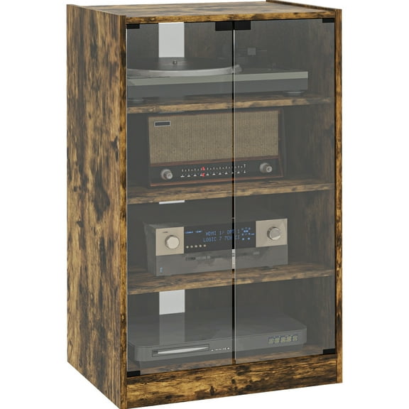 Rustic Brown Media Cabinet, 4, Adjustable Shelves, Glass Doors, Cable Management For Player And Multimedia Equipment Stand, Tempered Door, Receiver