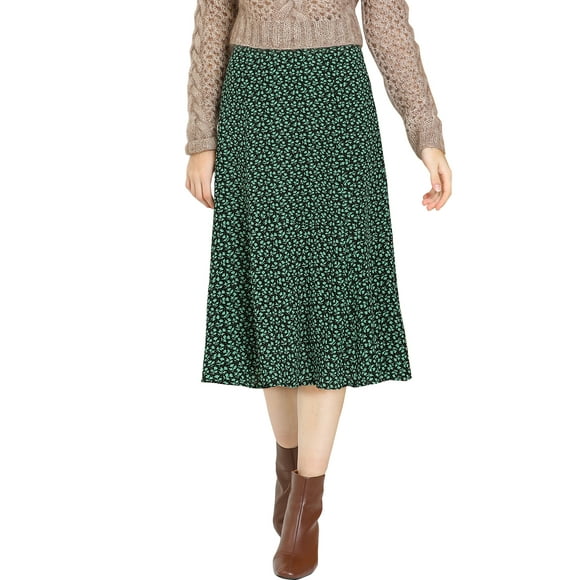 Allegra K Women's Peasant Elastic Waist A-Line Leave Print Midi Skirt