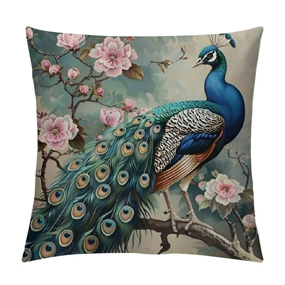Patifu Peacock Flowers Branch Graphic Decorative Throw Pillow Cover - Home Cushion for Living Room Sofa, 1PC Short Plush Home Furnishing Accessory 12x12in