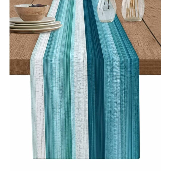 Teal Blue Green Table Runner Cotton Linen 108 Inch Holiday Dresser Scarves, Modern Ombre Minimalism Abstract Stripes Tablerunner for Kitchen Coffee Dining Bedroom Dinner Scarf Décor 13''x108''