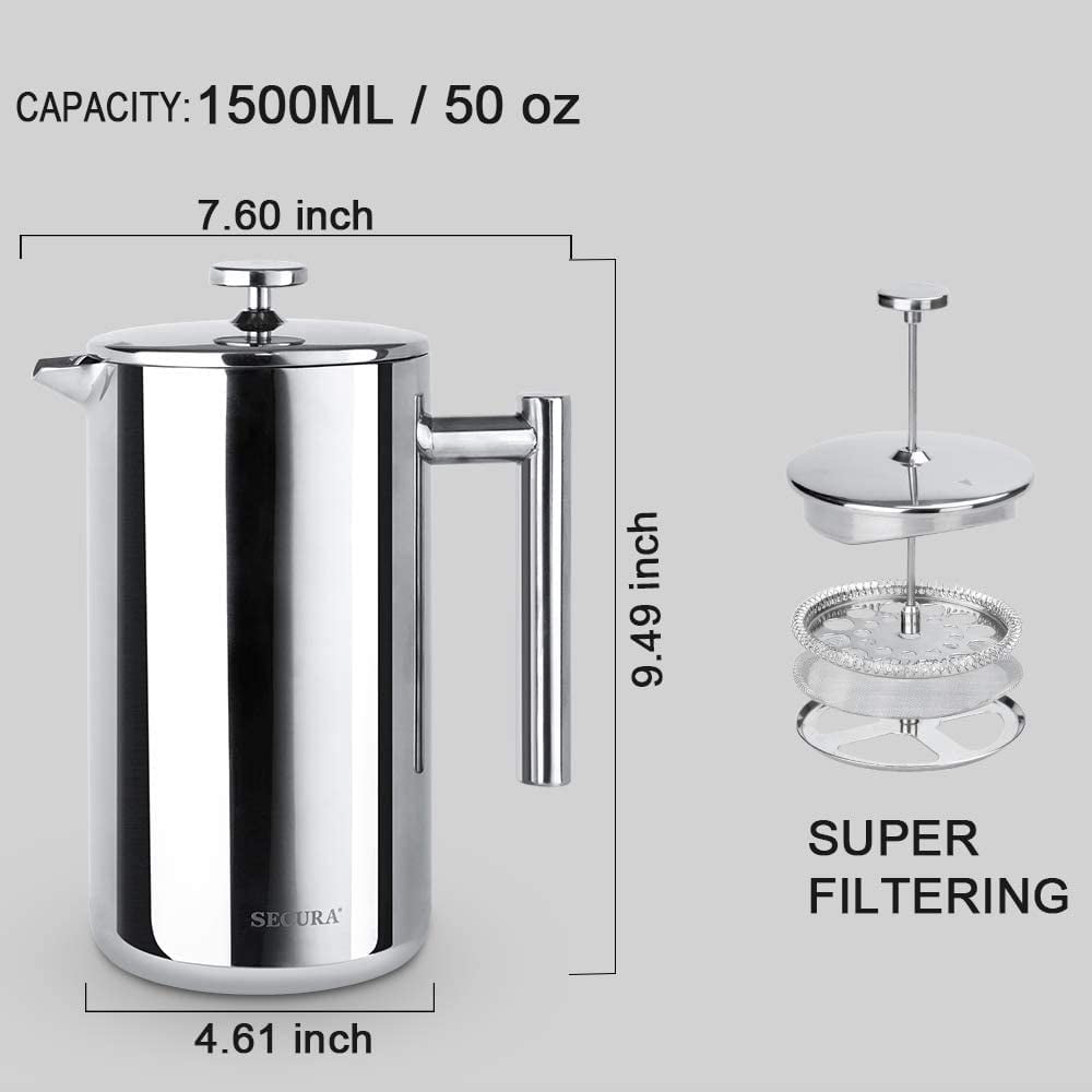  Secura French Press Coffee Maker, 304 Grade Stainless Steel  Insulated Coffee Press with 2 Extra Screens, 50oz (1.5 Litre), Silver: Home  & Kitchen