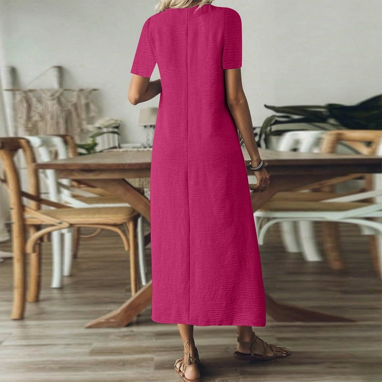 Nmnitkp Dresses for Women Linen Blend V Neck Maxi Dress, Short Sleeve Back  Zip Closure Loose Fit Casual Summer Dresses for Women Beach Vacation &  Daily Wear Hot Pink,S - Walmart.com