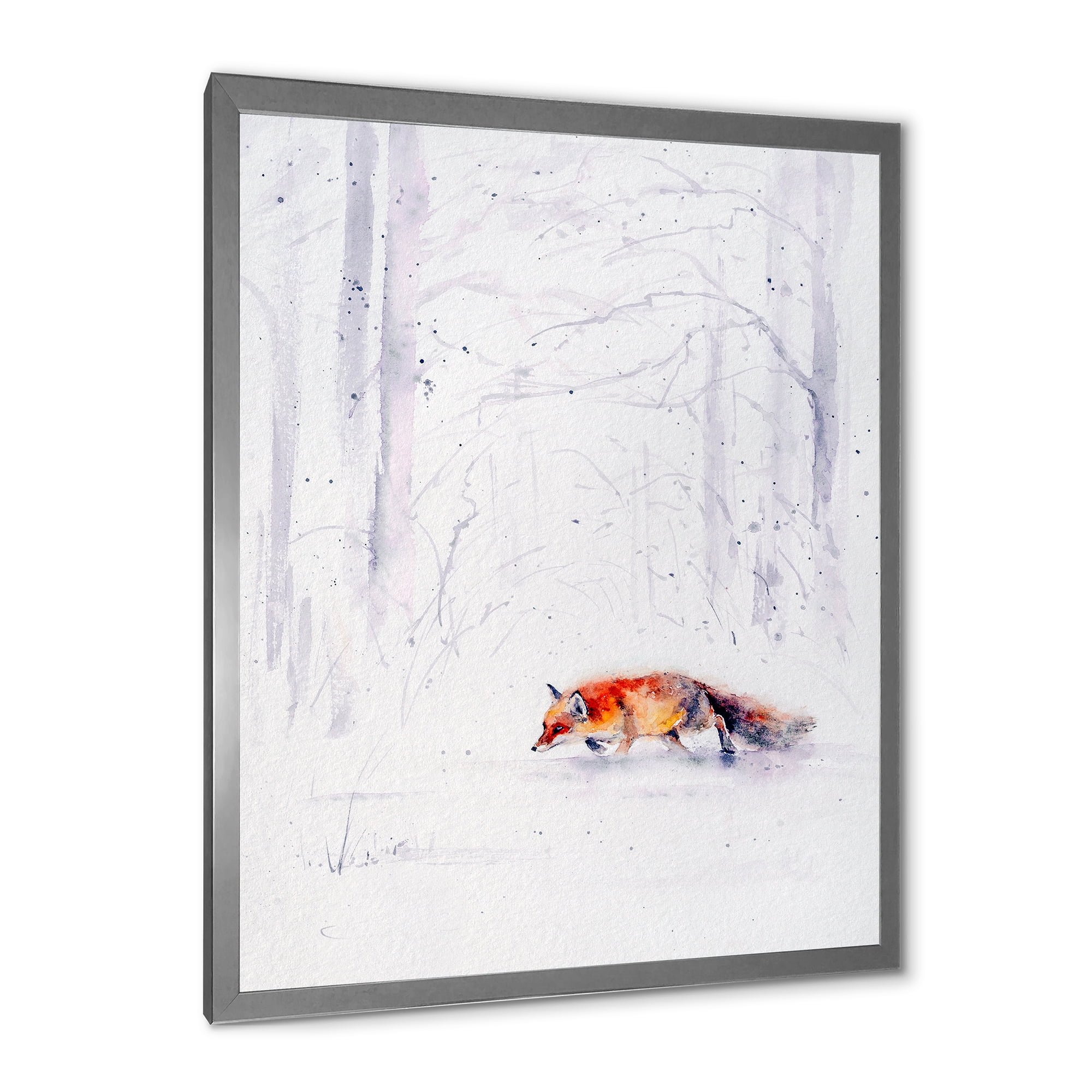 Designart 'Red Fox Running In White Snow in Countryside II' Farmhouse Framed Art Print