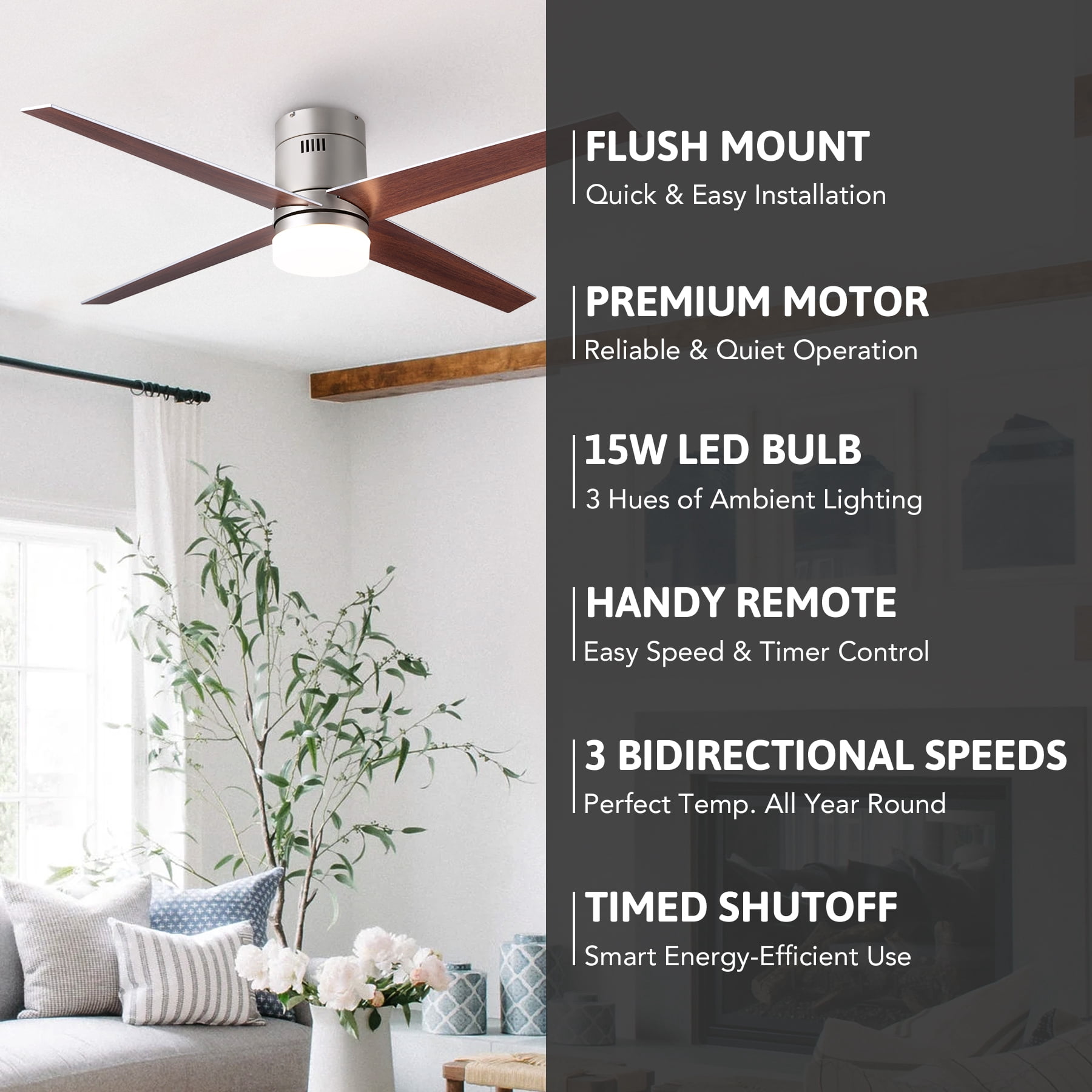 Bestco Ceiling Fan with Light Color Settings Remote 52" Reversible Wood Silver Blades